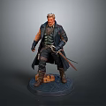 Detailed Man Statue In Long Coat With Armor Holding Dual Swords On Blue Base