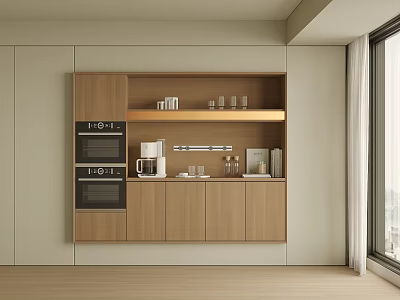 Modern Wooden Sideboard in Kitchen with Ovens Coffee Machine and Shelves Holding Glasses and Books 3d model