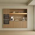 Modern Wooden Sideboard in Kitchen with Ovens Coffee Machine and Shelves Holding Glasses and Books