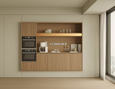 Modern Wooden Sideboard in Kitchen with Ovens Coffee Machine and Shelves Holding Glasses and Books 3d model