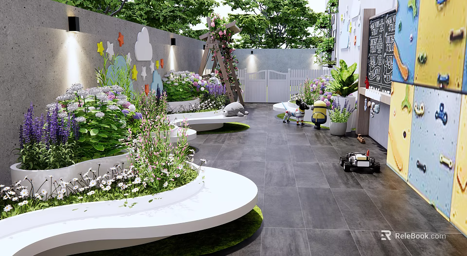 Garden Courtyard Design With White Curved Flower Beds Green Plants And Children Play Area 3d model 