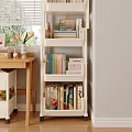 Wooden Desk with Bookshelf Books Vase Photo Frame Drawer Stationery Snacks and Window Blinds