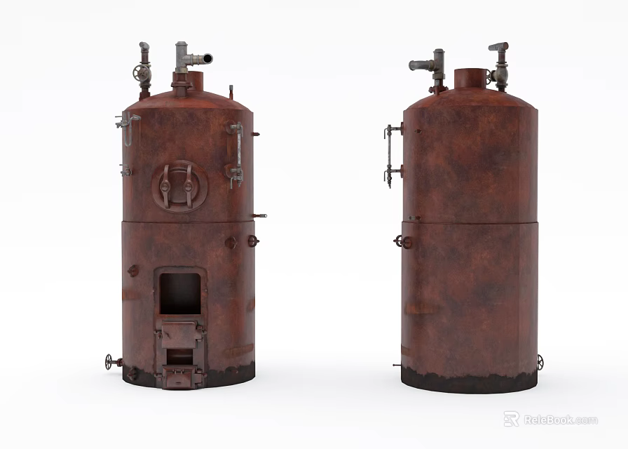 Two Old Rusty Cylindrical Industrial Equipment With Valves And Pipes 3d model 
