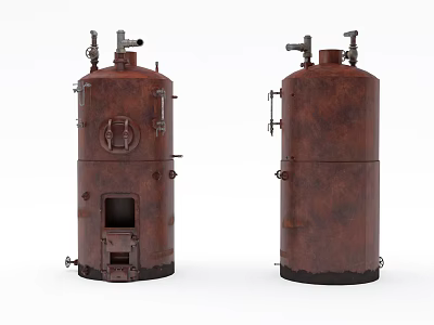 Two Old Rusty Cylindrical Industrial Equipment With Valves And Pipes 3d model