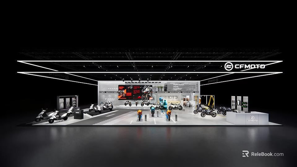 CFMOTO Exhibition Booth Interior With Modern Lighting And Motorcycle Displays 3d model 