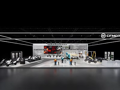 CFMOTO Exhibition Booth Interior With Modern Lighting And Motorcycle Displays 3d model