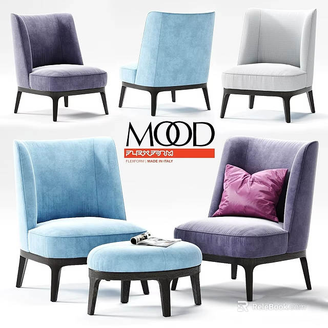 Modern Velvet Accent Chairs in Blue Purple Gray with Ottoman and Decorative Pillow 3d model 