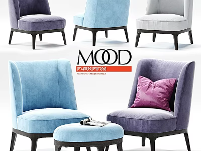 Modern Velvet Accent Chairs in Blue Purple Gray with Ottoman and Decorative Pillow 3d model