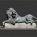 Reclining Lion Statue on Stone Plinth with Detailed Mane and Moss Accents