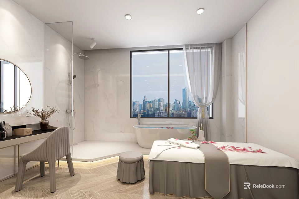Modern Elegant SPA Sauna With Marble Walls Large Windows City View Bathtub And Massage Bed 3d model 