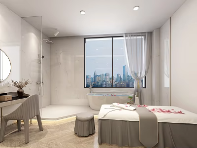 Modern Elegant SPA Sauna With Marble Walls Large Windows City View Bathtub And Massage Bed 3d model