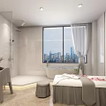 Modern Elegant SPA Sauna With Marble Walls Large Windows City View Bathtub And Massage Bed