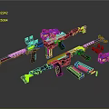 Colorful Toy Weapons with Multiple Assembled Parts in Vibrant Pink Blue Green and Black