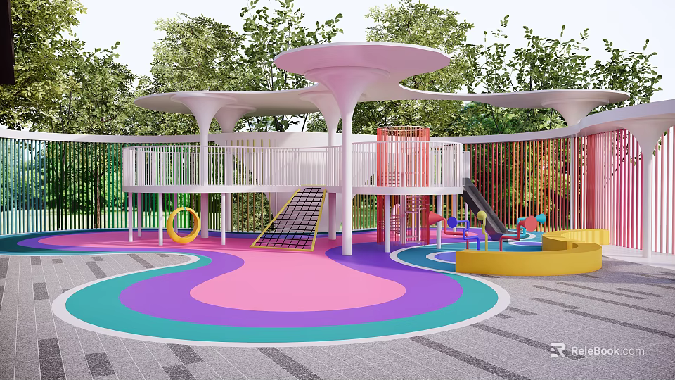 Colorful Children's Play Area With Wavy Floor Slides Climbing Net And Green Trees 3d model 
