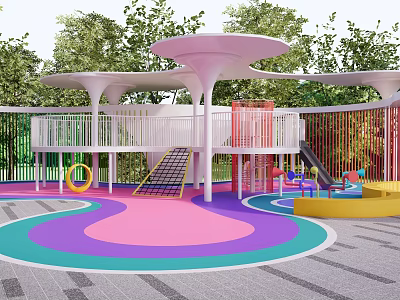 Colorful Children's Play Area With Wavy Floor Slides Climbing Net And Green Trees 3d model
