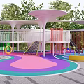Colorful Children's Play Area With Wavy Floor Slides Climbing Net And Green Trees
