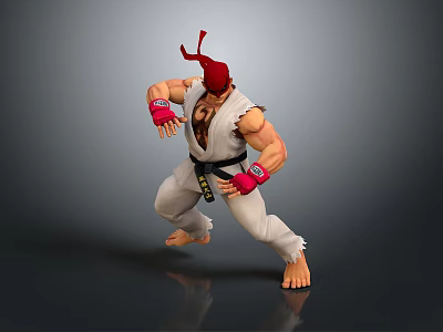 Muscular Karate Character in White Uniform with Red Headband Black Belt and Fighting Stance 3d model