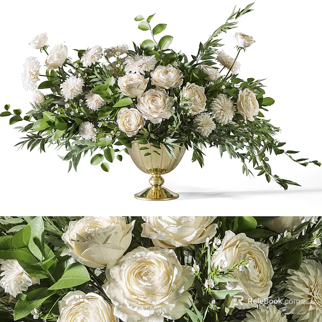 Elegant Golden Vase With White Flowers And Green Leaves Arrangement 3d model 