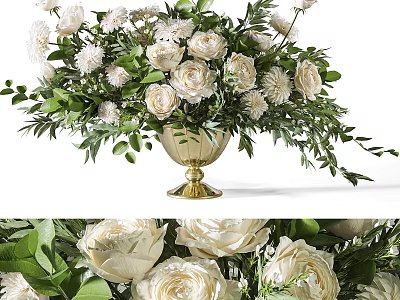 Elegant Golden Vase With White Flowers And Green Leaves Arrangement 3d model