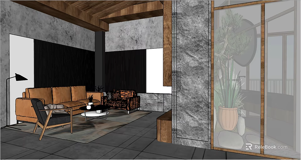 Modern Hotel Guest Room Interior With Wooden Ceiling Sofa Coffee Table And Marble Wall 3d model 