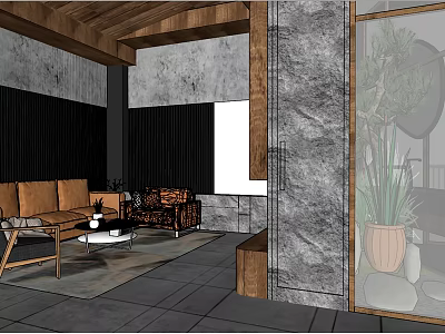 Modern Hotel Guest Room Interior With Wooden Ceiling Sofa Coffee Table And Marble Wall 3d model