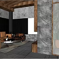 Modern Hotel Guest Room Interior With Wooden Ceiling Sofa Coffee Table And Marble Wall