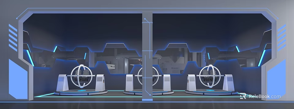 Hi Tech Futuristic Interior Design With Circular Structures Blue Lighting And Control Consoles 3d model