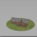 Rustic Wooden House With Sloped Tile Roof Stone Chimney And Front Porch On Green Lawn