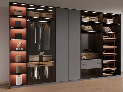 Modern Luxury Wardrobe Design With Hanging Rods Drawers And Open Shelves 3d model