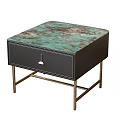 Modern Bedside Table Featuring Teal Brown Marble Top Black Drawer White Stitching And Brass Legs