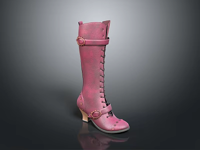 Pink Leather Knee High Boots With Lace Up Front And Buckle Accents And Medium Heel 3d model