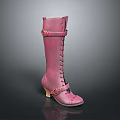 Pink Leather Knee High Boots With Lace Up Front And Buckle Accents And Medium Heel