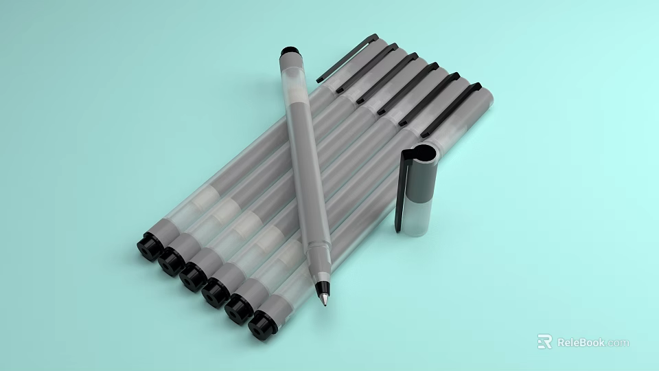 Gray Pens Arranged in Row with One Leaning and Pen Cap on Light Blue Backdrop 3d model 