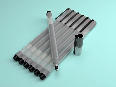 Gray Pens Arranged in Row with One Leaning and Pen Cap on Light Blue Backdrop 3d model