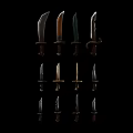 Collection of Various Knives Displayed on Black Background with Different Shapes and Handle Colors