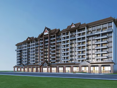 Modern Traditional Residential Building With Balconies Traditional Roof And Green Lawn Exterior 3d model