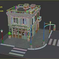 Cartoon Corner Building Scene with Pauline Store Sign Potted Plants Street Lamp and Traffic Light