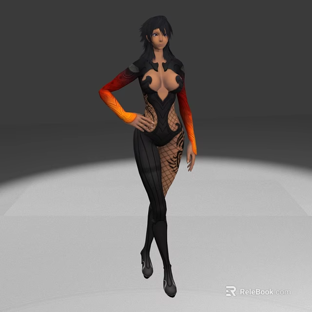 Game Movie Character In Black Orange Outfit With Hollow Design Mesh Legs Orange Gradient Sleeves 3d model 