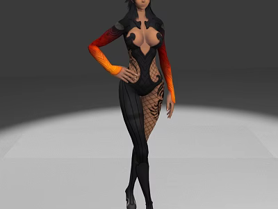 Game Movie Character In Black Orange Outfit With Hollow Design Mesh Legs Orange Gradient Sleeves 3d model