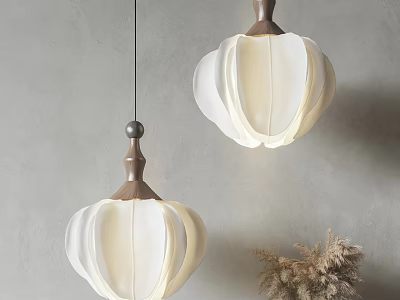 Modern Pendant Chandelier With Wooden Top White Pumpkin Shaped Shade Gray Wall And Dried Grass Decoration 3d model
