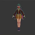 Anime Style Game Film Character With Purple Pink Long Hair Brown Coat And Plaid Skirt