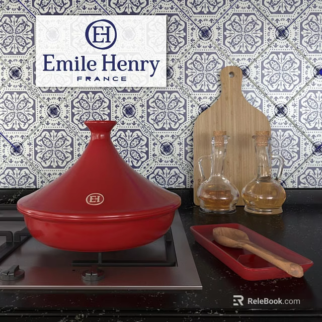 Emile Henry Red Tagine Dinnerware Set With Glass Bottles Wooden Cutting Board Tray And Spoon 3d model 