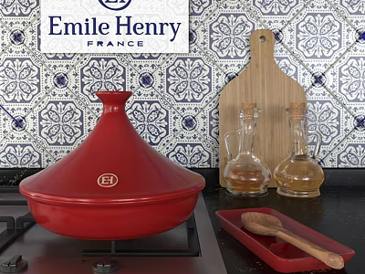Emile Henry Red Tagine Dinnerware Set With Glass Bottles Wooden Cutting Board Tray And Spoon 3d model