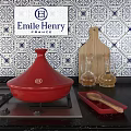 Emile Henry Red Tagine Dinnerware Set With Glass Bottles Wooden Cutting Board Tray And Spoon