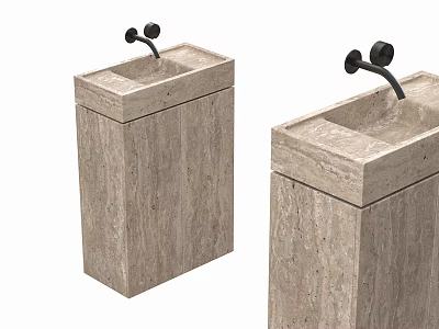 Two Modern Pedestal Washbasins with Textured Stone Material and Black Faucets 3d model
