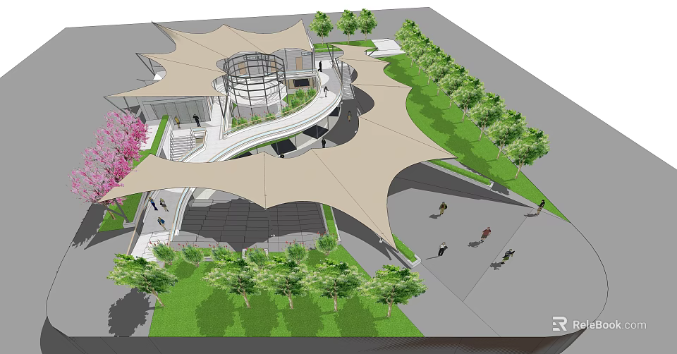 Modern Public Space Design with Shade Structures Greenery Curved Paths Circular Building and Pedestrian Activity 3d model 