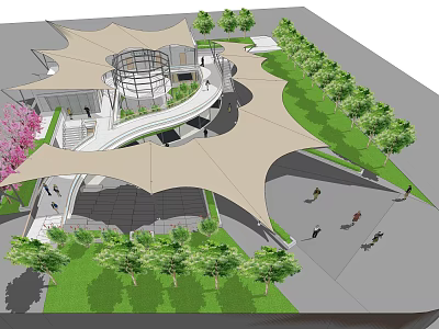 Modern Public Space Design with Shade Structures Greenery Curved Paths Circular Building and Pedestrian Activity 3d model