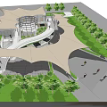Modern Public Space Design with Shade Structures Greenery Curved Paths Circular Building and Pedestrian Activity