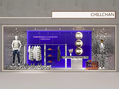 CHILLCHAN Store Window Display With Mannequins Clothing Blue Backdrop And Silver Decorative Elements 3d model