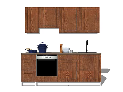 Wooden Kitchen Cabinets With Hanging And Base Units Oven Sink And Cookware 3d model